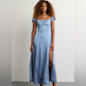 NWT American Eagle Light Blue Satin Off-the-Shoulder Maxi Dress (Size L)